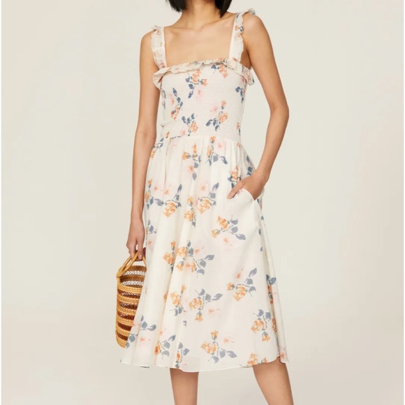 Polo Ralph Lauren Floral Apron Smocked Square Neck Midi Dress - Picture 1 of 16